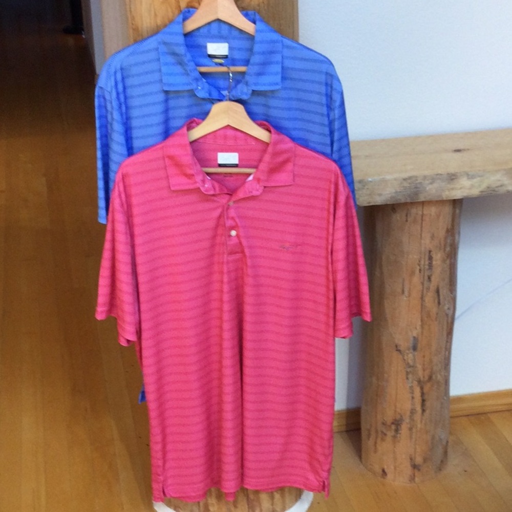 (2) Like New Men's Blue and Coral Striped Golf ⛳️ Greg Norman Polo Shirt
